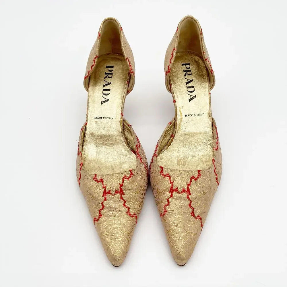 Prada Vintage Gold Brocade Red Woven D’Orsay Pointed Toe Kitten Heels IT 36 - Picture 5 of 12